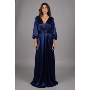 Women's Navy Satin V-Neck Belted Evening Dress